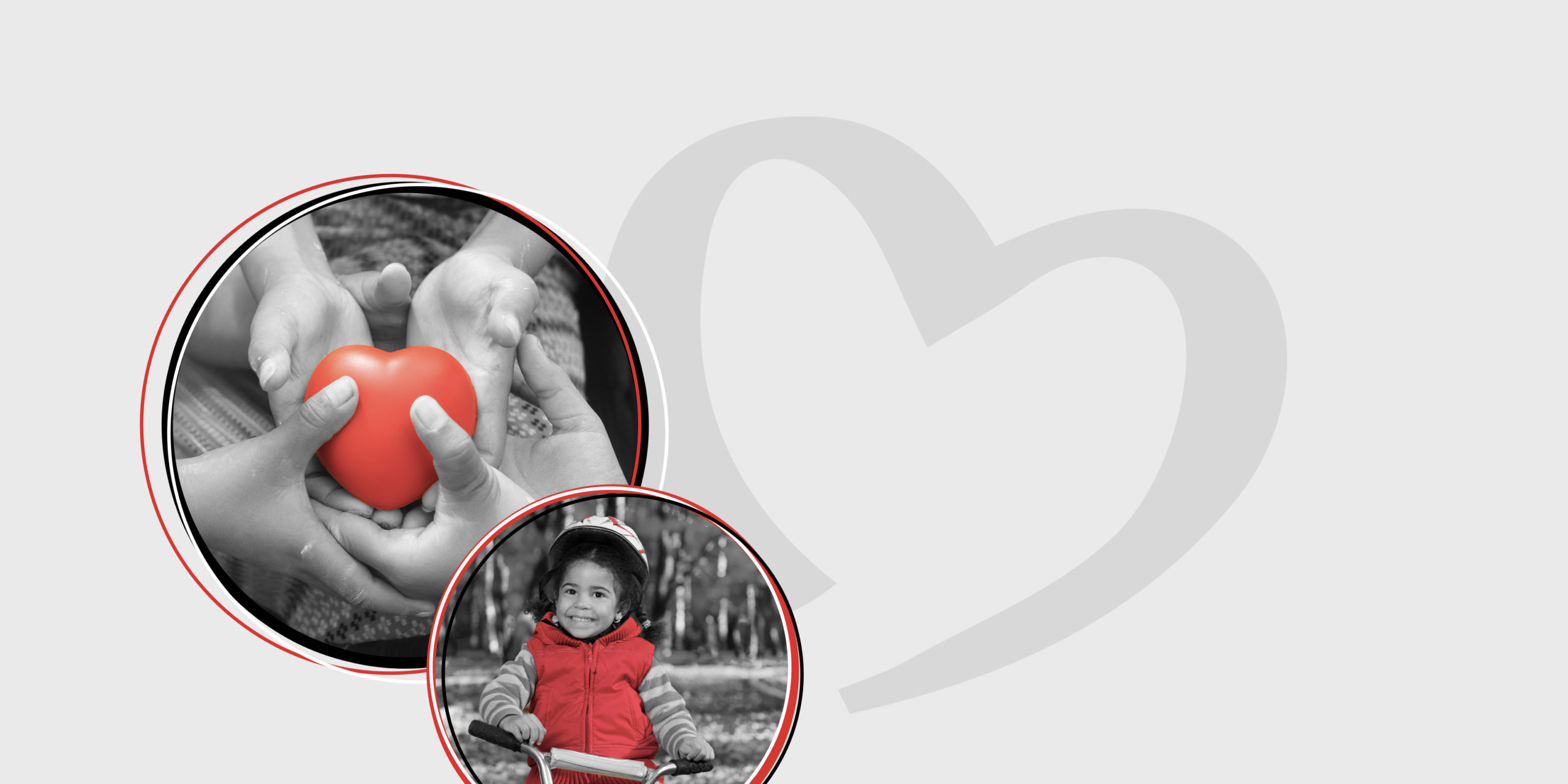 lite background with two bubbles with kid smiling and hands holding heart